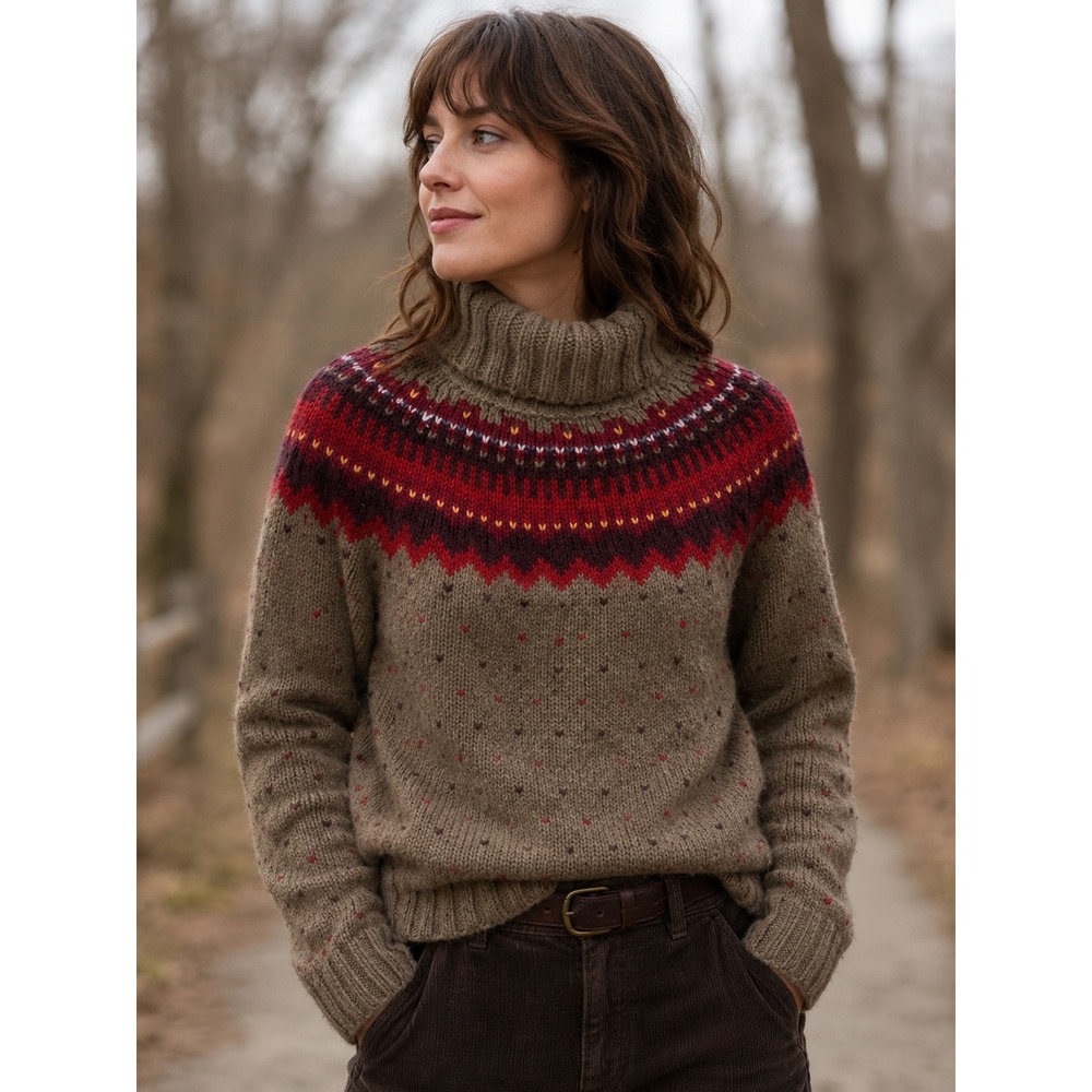 J.Crew Fair Isle Turtleneck Sweater Womens M Brown Wool Blend Gorpcore Nordic